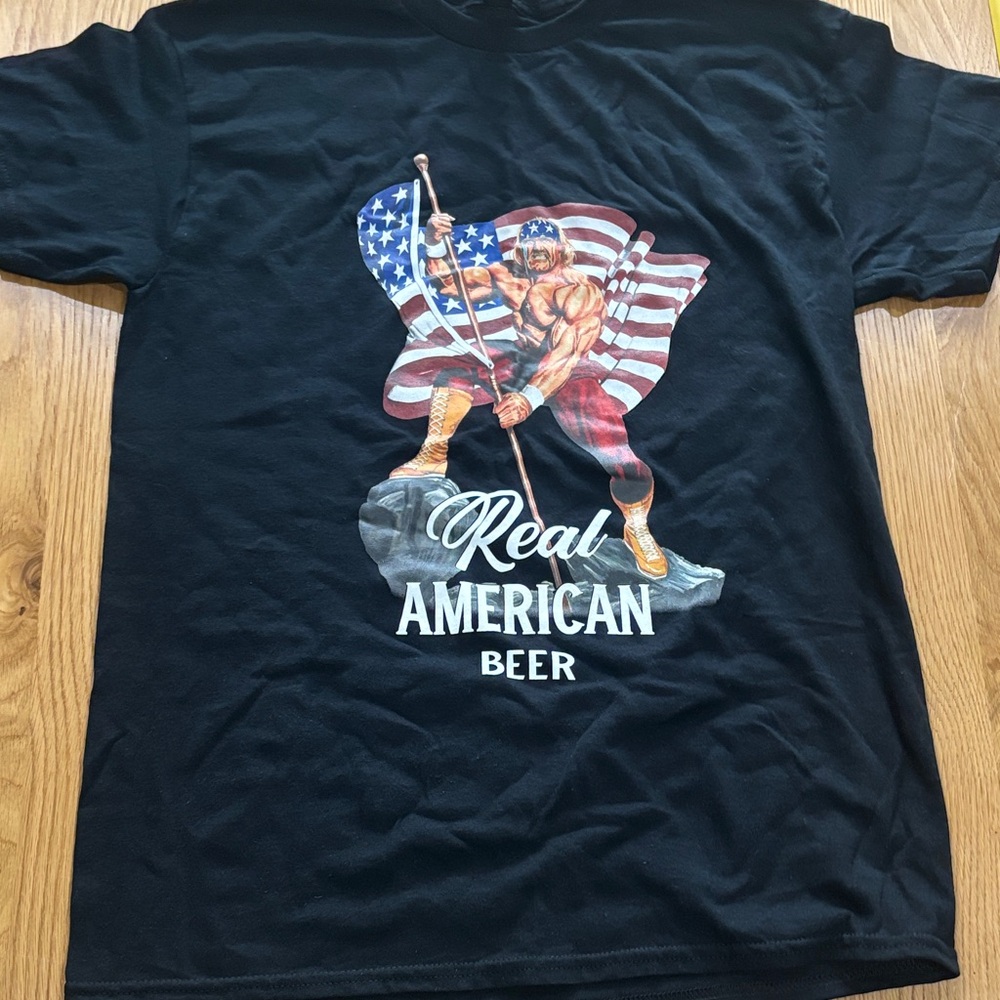 Real American Beer Black T-Shirt Hulk Hogan RIP Rare Promo Only
